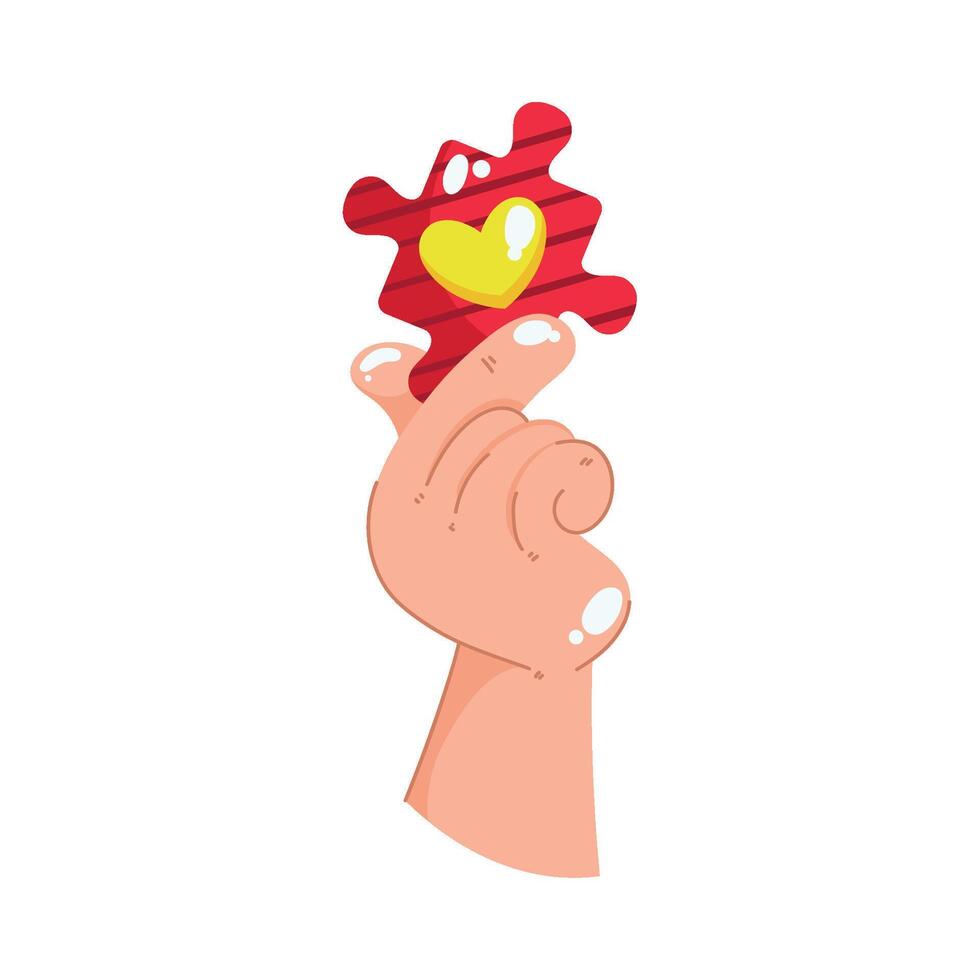 A hand holding a puzzle piece with a heart vector