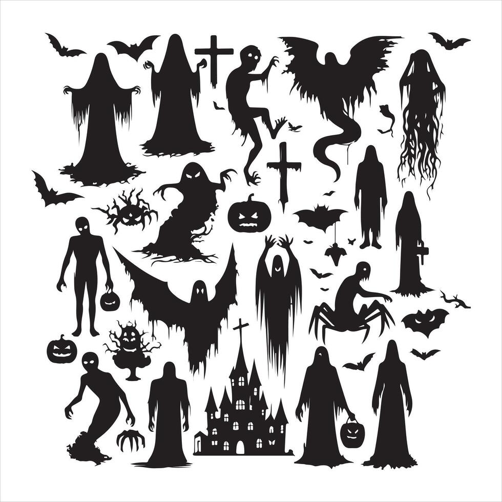 Ghost halloween horror silhouettes set, large pack of silhouette white background vector