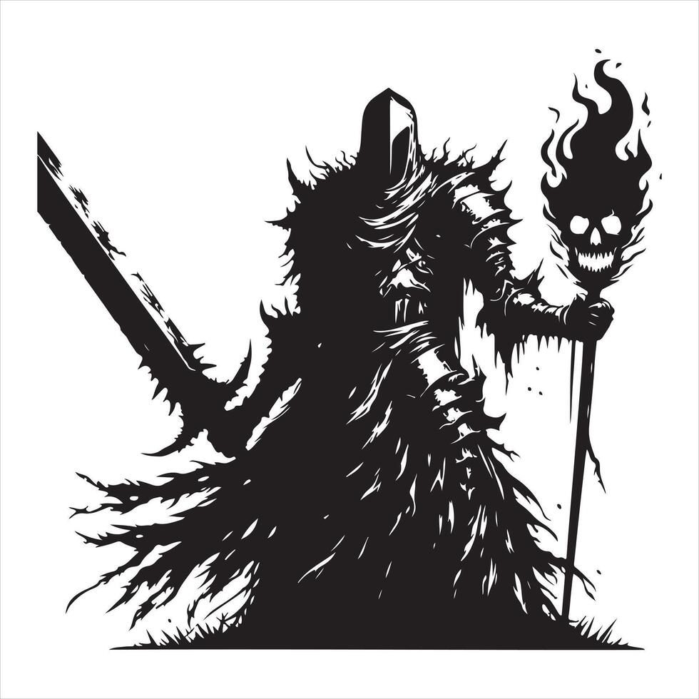 Black silhouette of a sinister knight without a head he will ride in plate armor and a ragged cloak, in his hands a huge sword and a fiery skull silhouette white background vector