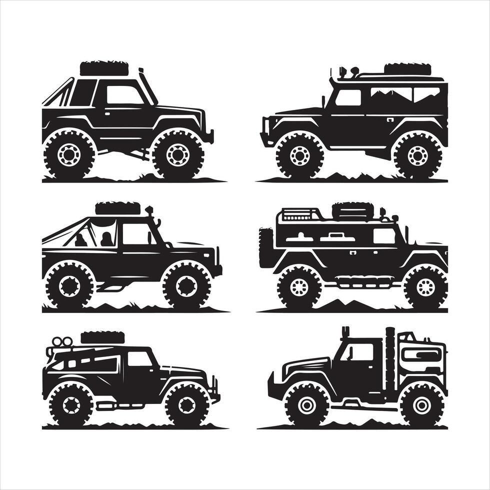 Off-road truck silhouette on white background. Vehicle icons set view from side, front, back, and top silhouette white background vector