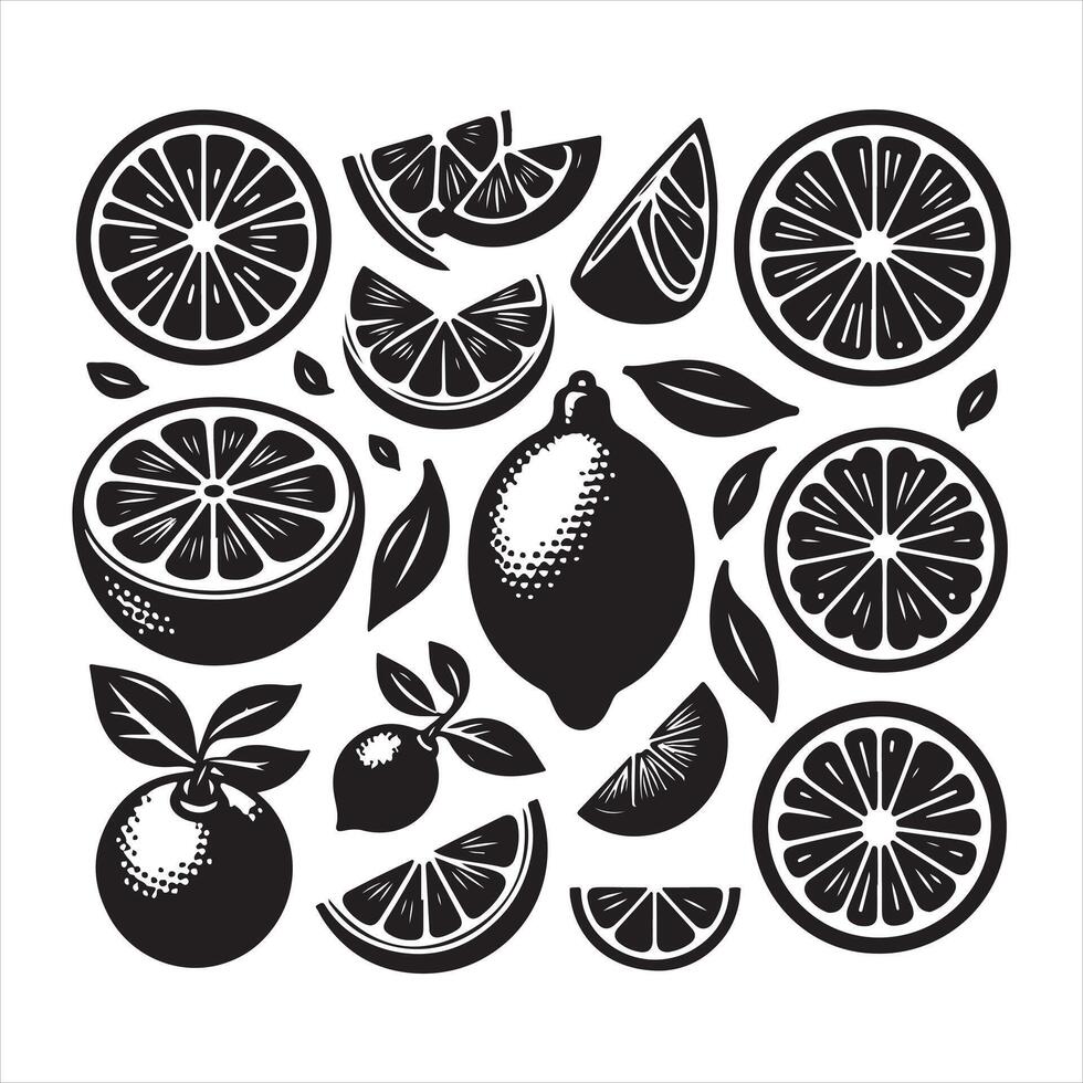 Lemon slice shape set. Lime black symbol collection. Citrus fruit whole, half and pieces silhouette group. isolated on white background vector