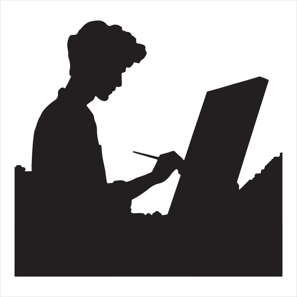 silhouette of artist with canvas board silhouette white background vector