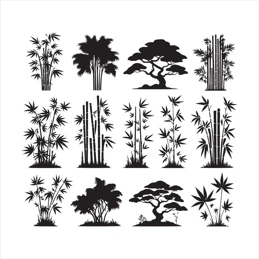 Set of bamboo silhouette on white background. vector