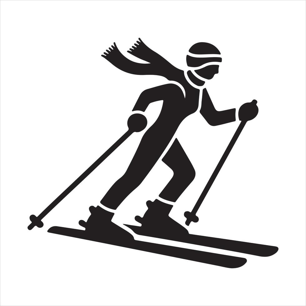 skiing person silhouette shadow shape, flat black icon isolated on white backround. Logo emblem design element. Winter sport game and leisure activity silhouette white background vector