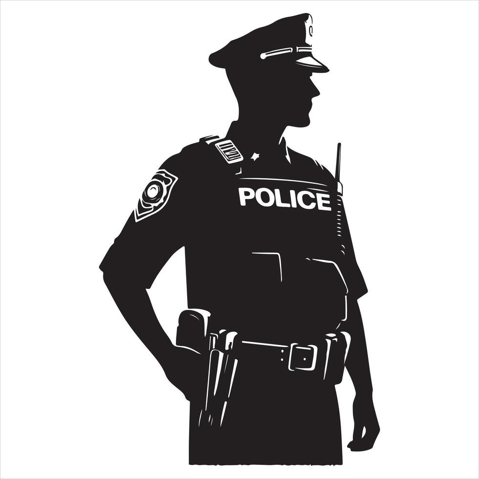 Policeman officer on duty silhouette illustration isolated on white background. Police man in uniform in patrol on street. Security service member protect people silhouette white background vector