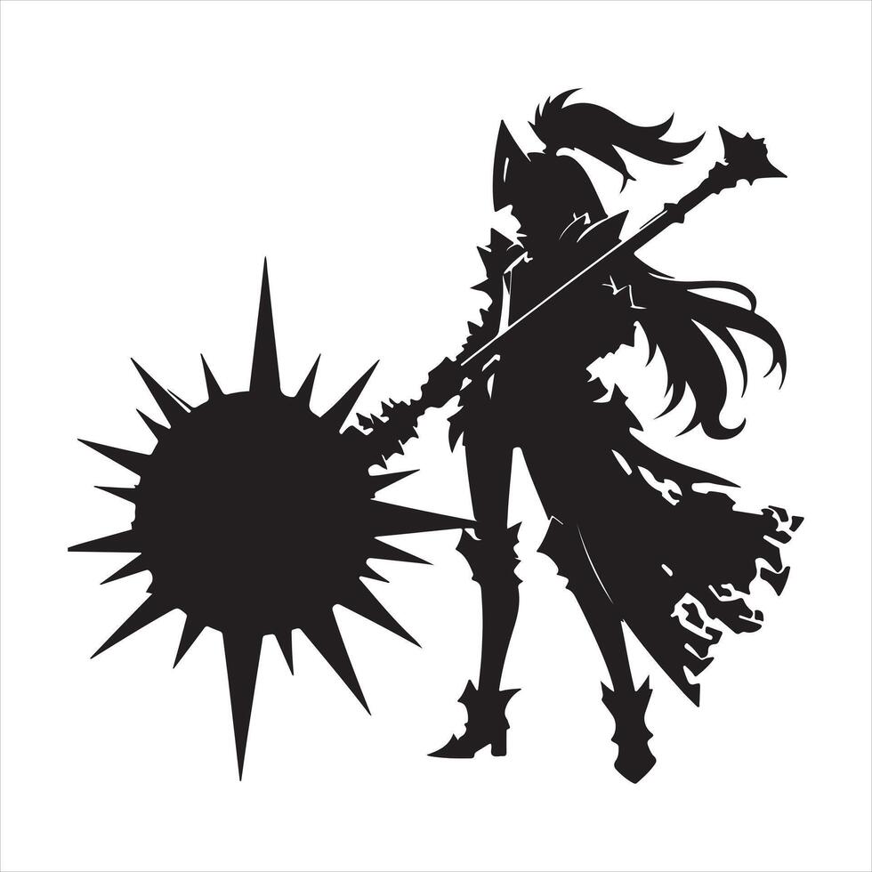 A black silhouette of a tall knight girl with a huge spiked mace Morgenstern on her shoulder, and a large shield silhouette white background vector