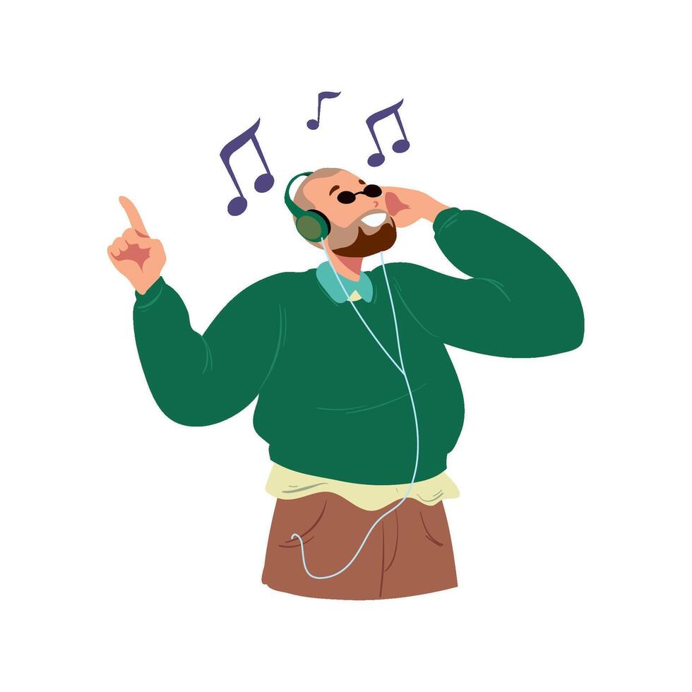 A man with headphones and a beard is listening to music vector