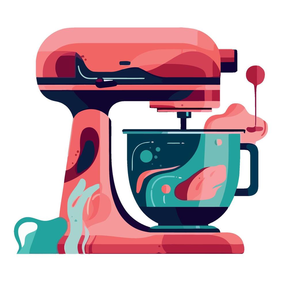 A pink mixer with a cup of liquid in it vector