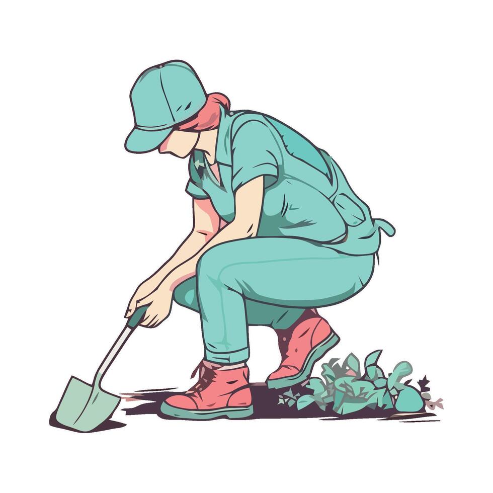 A woman in a hat and overalls is digging in the dirt vector