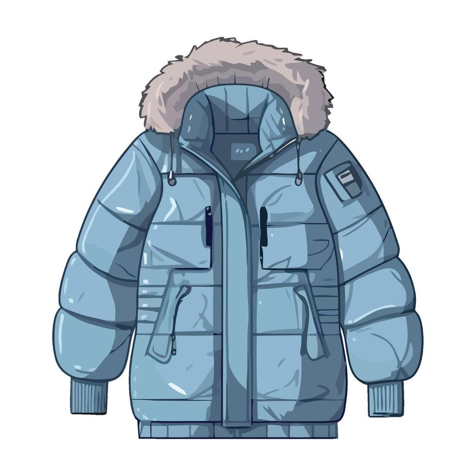 An illustration of a blue winter jacket with fur collar vector