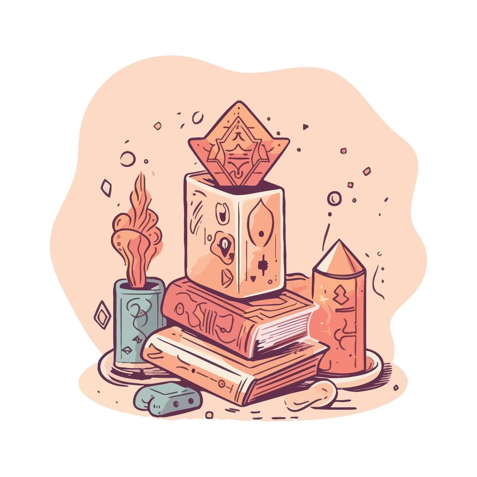 A stack of books and candles with a pyramid on top vector