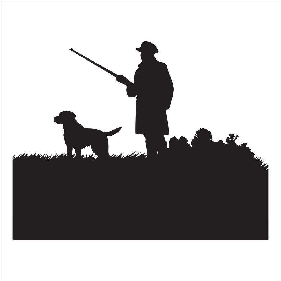 Hunter with dog aiming with rifle on pheasant. Outdoor silhouette white background vector