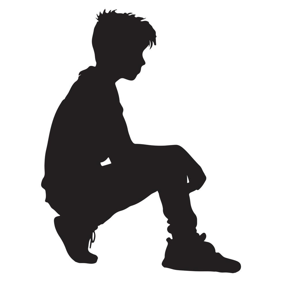 Side profile portrait silhouette of a boy sitting silhouette white background vector