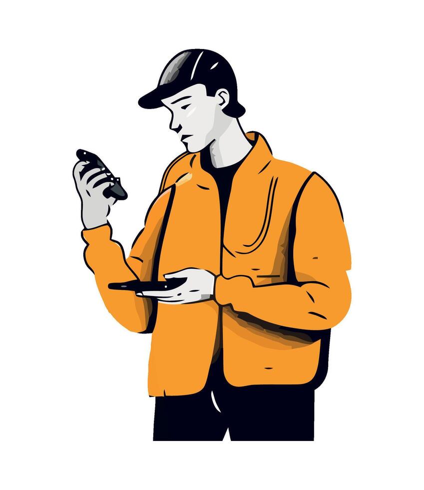 A man in an orange jacket holding a cell phone vector