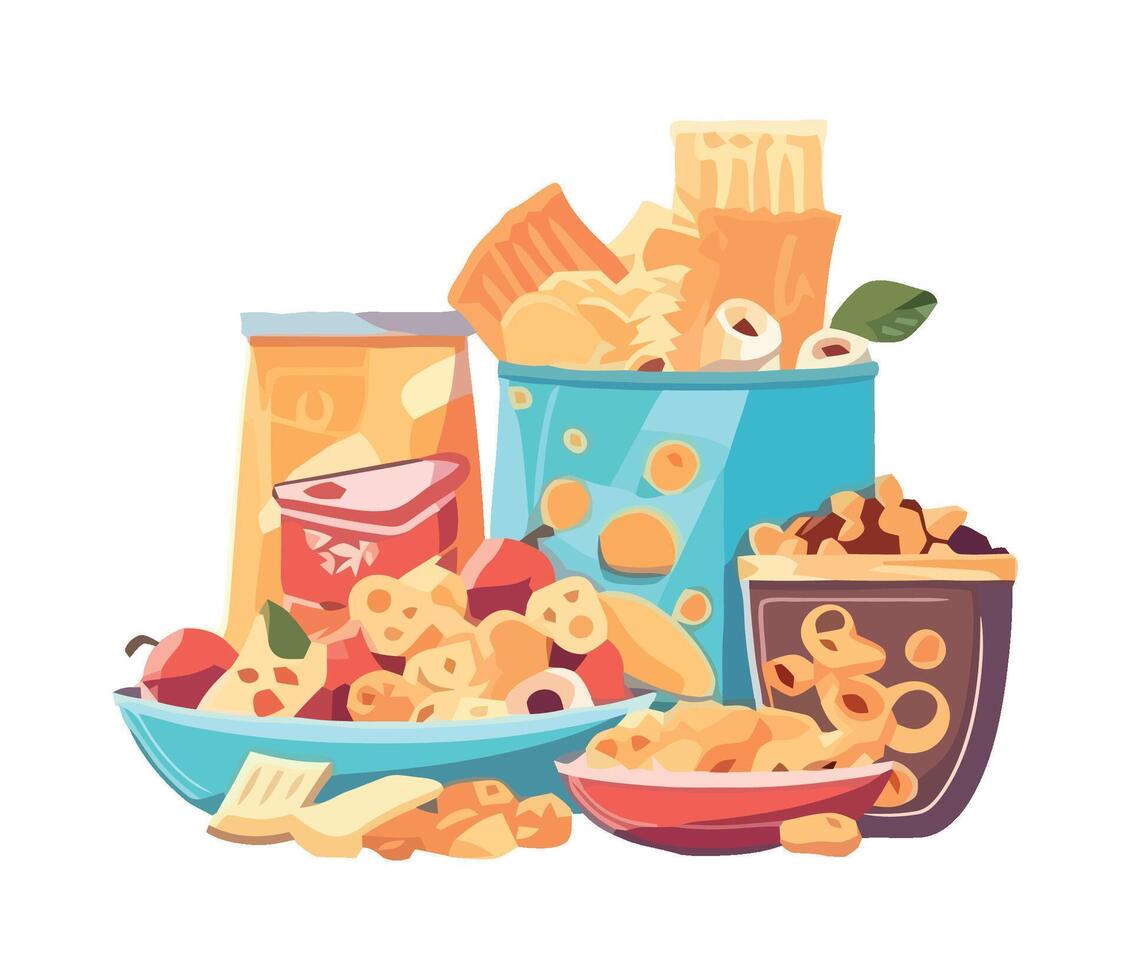 Food and drink in a can, bowl and cup vector