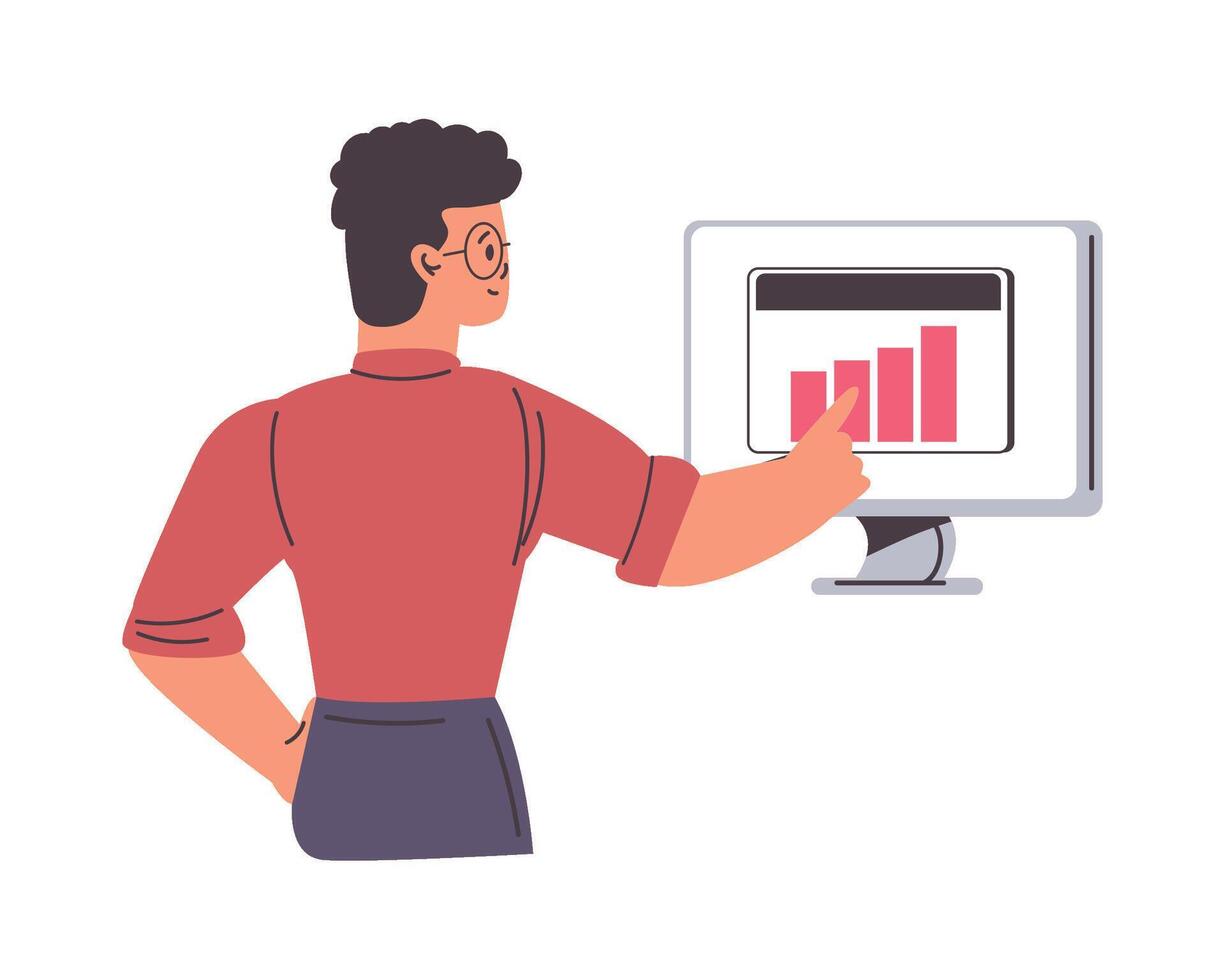 hombre señalando a un grafico en un computadora pantalla vector