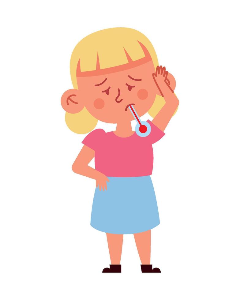 A cartoon girl with a thermometer in her mouth vector