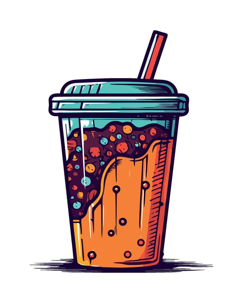 Ice tea with straw and bubbles in a plastic cup vector