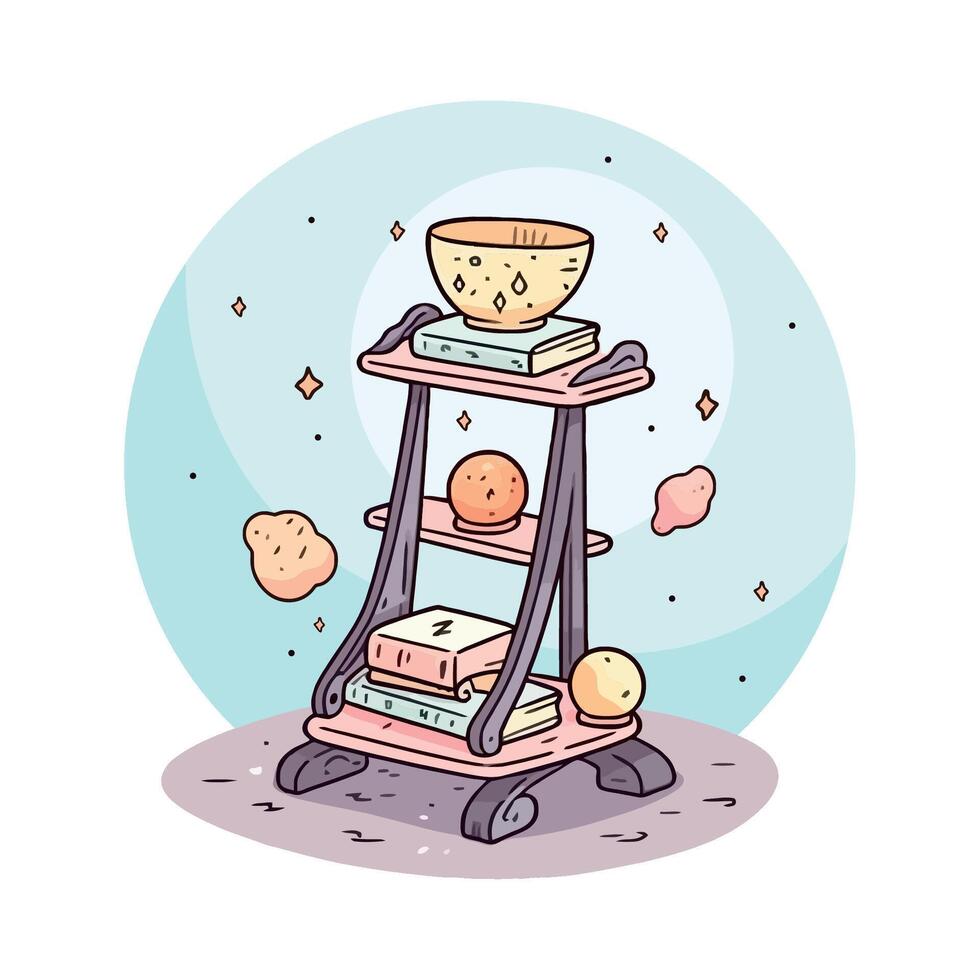 A cartoon illustration of a book shelf with a bowl and books vector