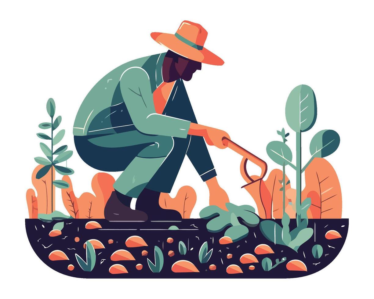 An illustration of a man in a hat and hat working in the garden vector