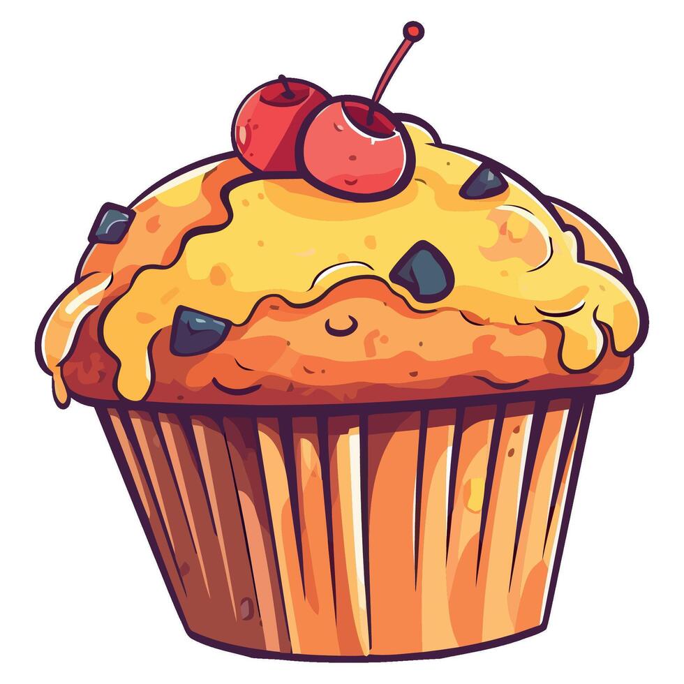 A cartoon illustration of a muffin with cherries vector