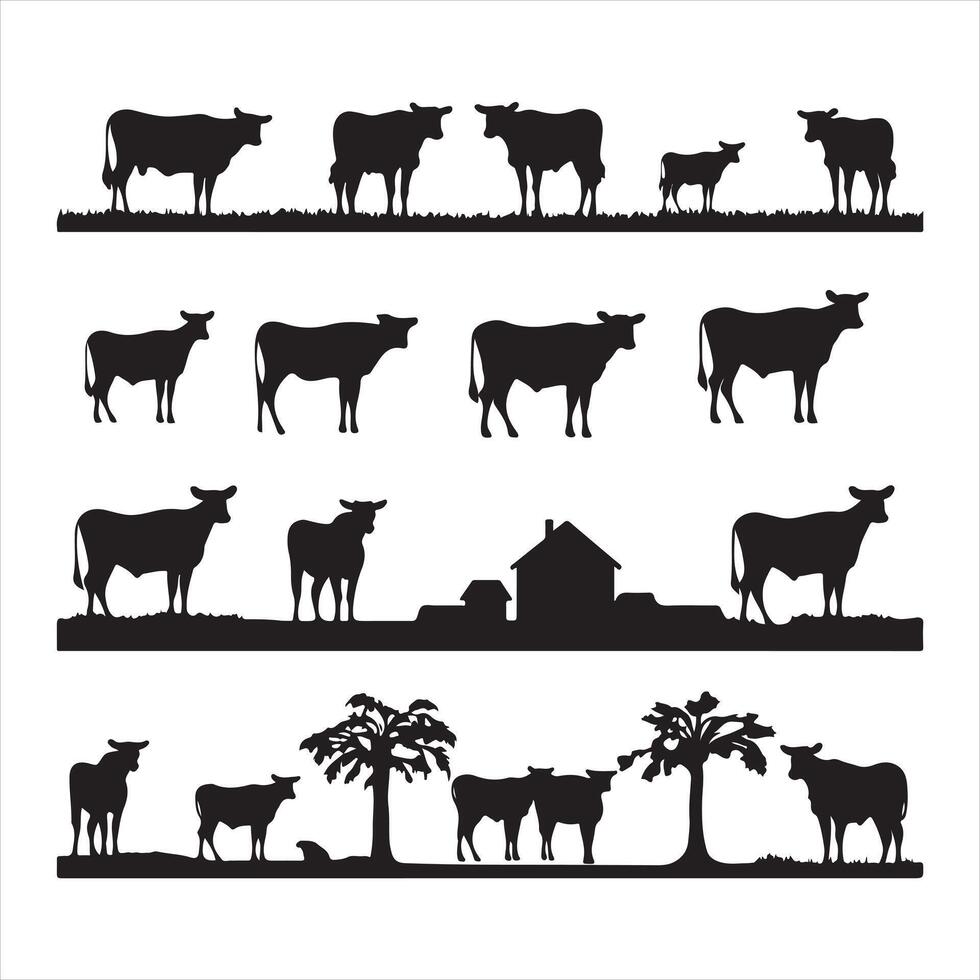 cow farm silhouette set silhouette white background vector