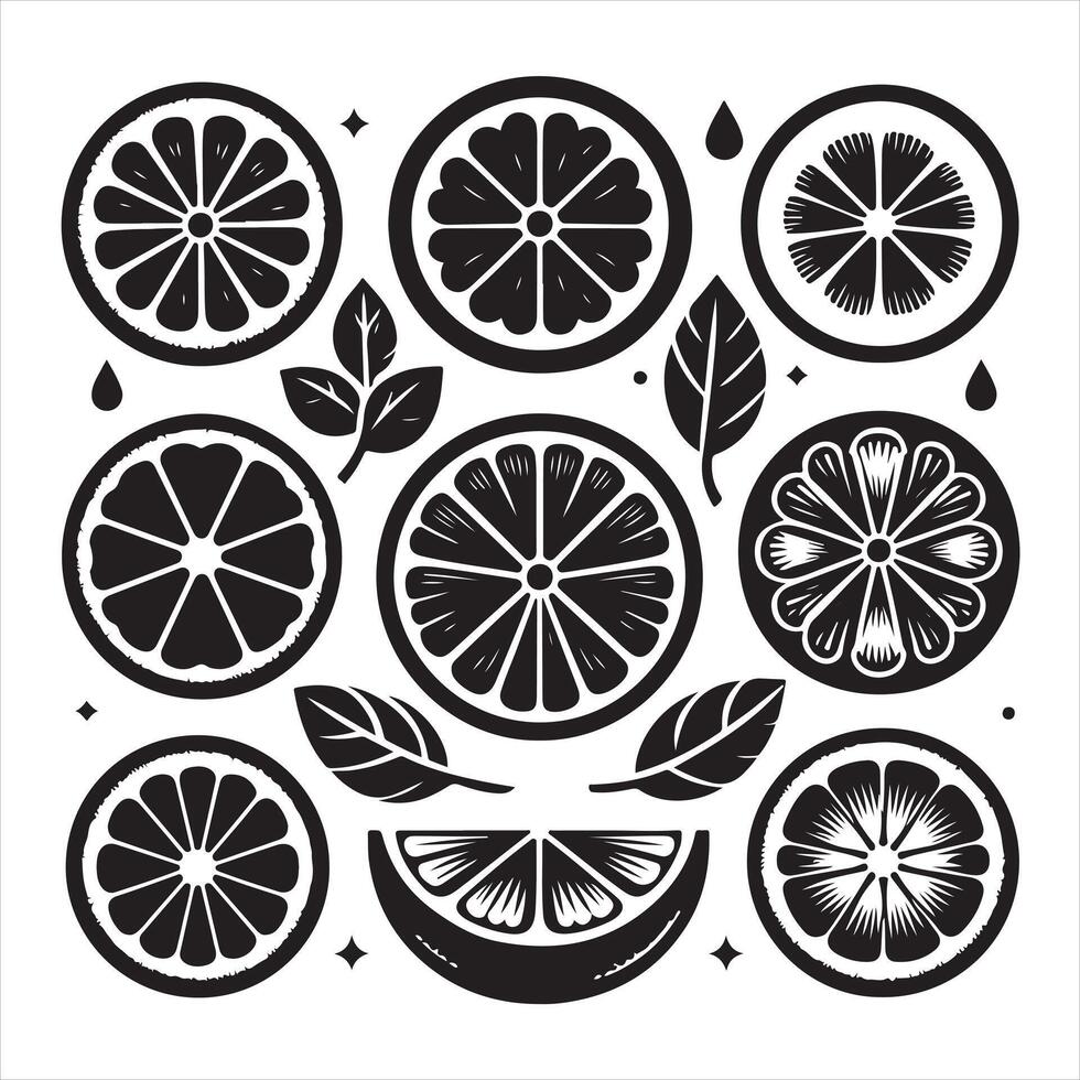 Lemon slice shape set. Lime black symbol collection. Citrus fruit whole, half and pieces silhouette group. isolated on white background vector