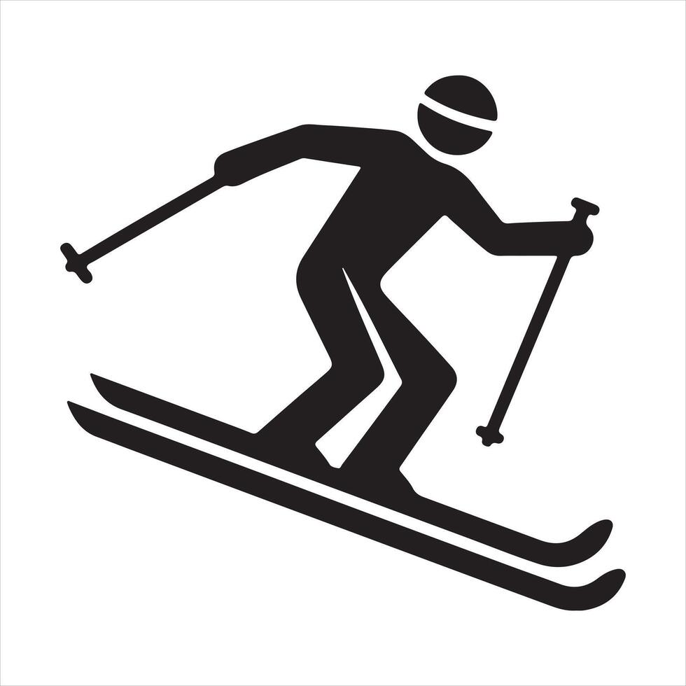 skiing person silhouette shadow shape, flat black icon isolated on white backround. Logo emblem design element. Winter sport game and leisure activity silhouette white background vector