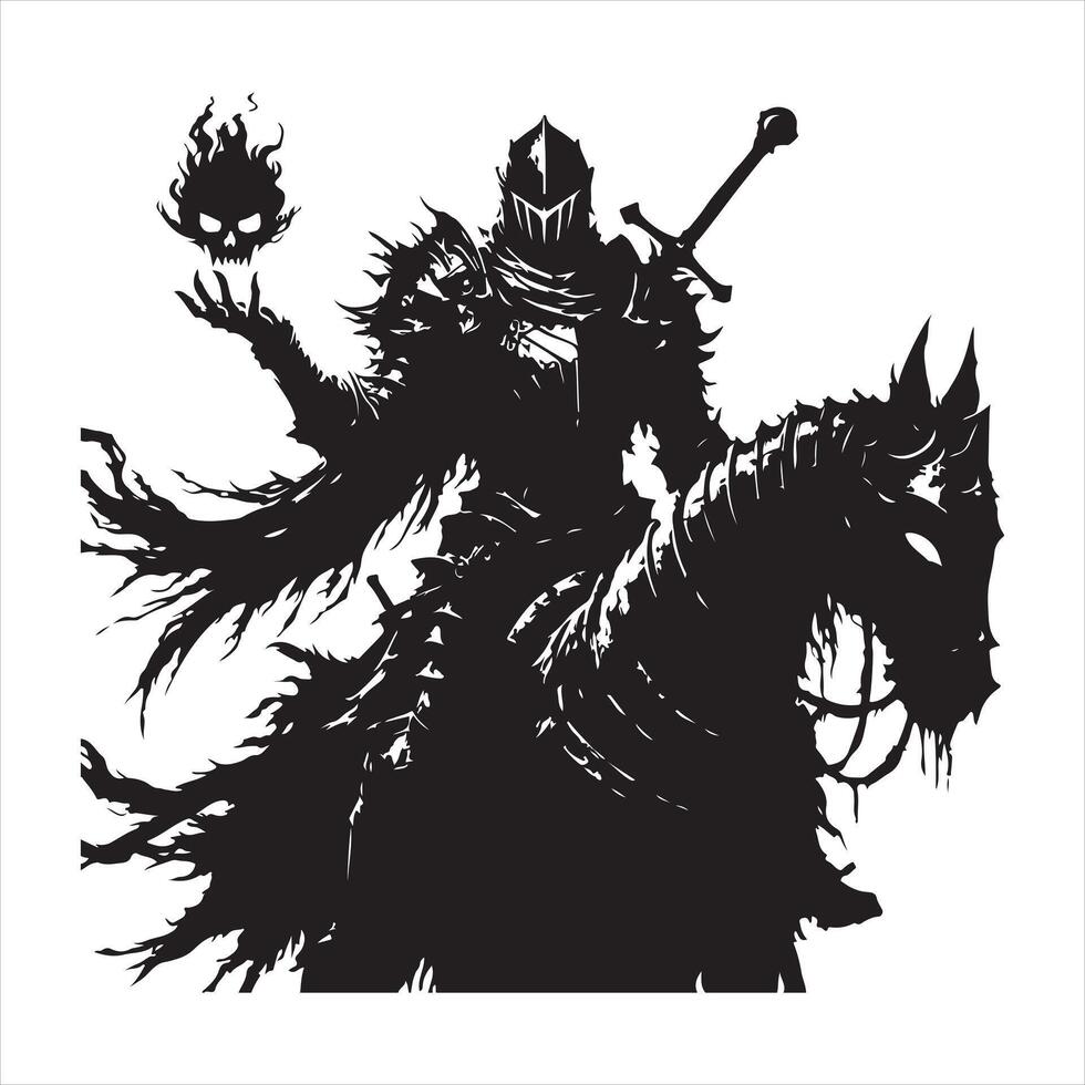 Black silhouette of a sinister knight without a head he will ride in plate armor and a ragged cloak, in his hands a huge sword and a fiery skull silhouette white background vector