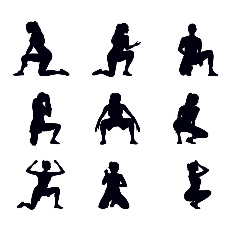 set Silhouette of women squat exercises workout silhouette on white background vector