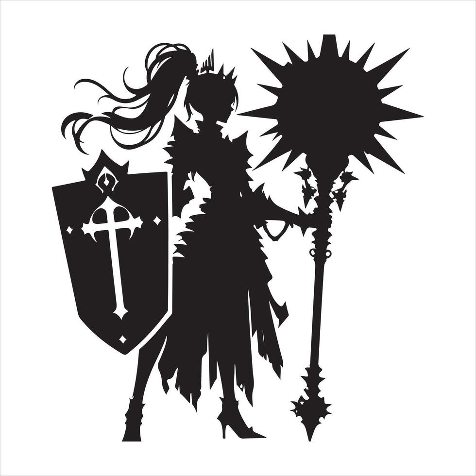 A black silhouette of a tall knight girl with a huge spiked mace Morgenstern on her shoulder, and a large shield silhouette white background vector