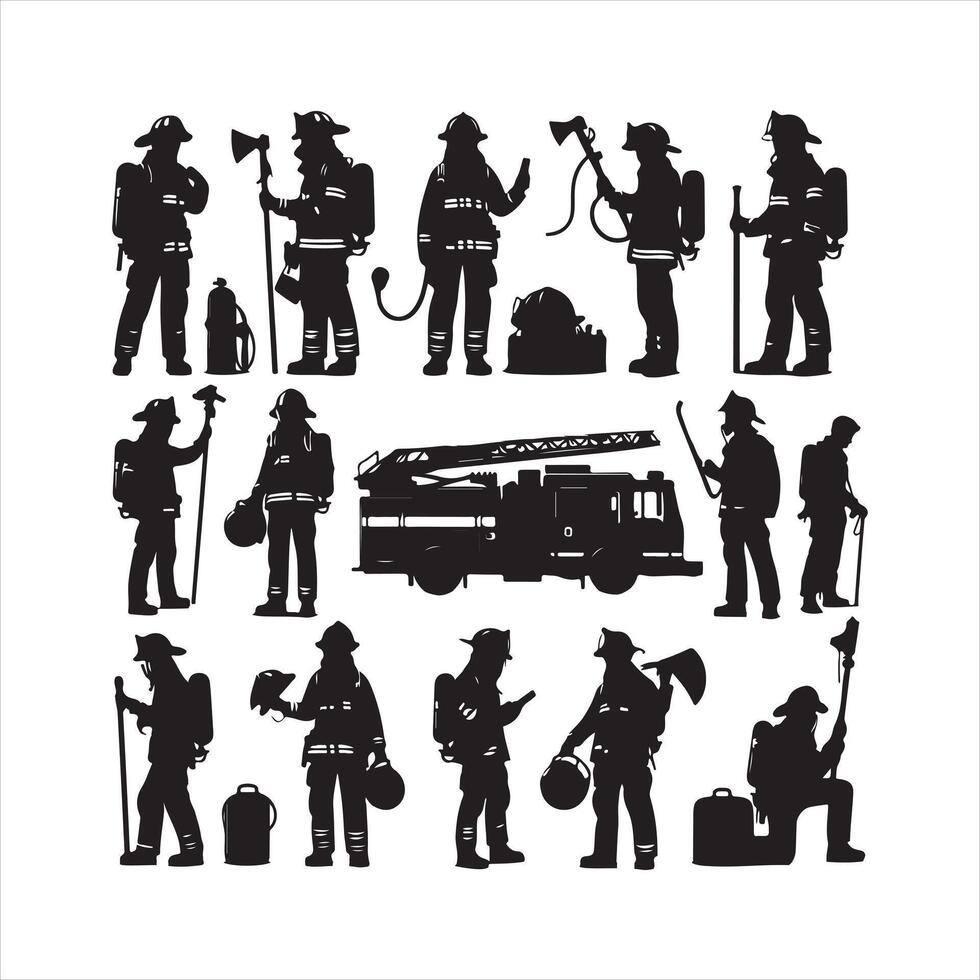 Set of firefighter with equipment silhouette on white background vector