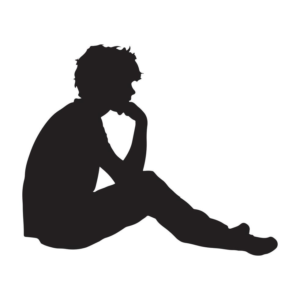 Side profile portrait silhouette of a boy sitting silhouette white background vector