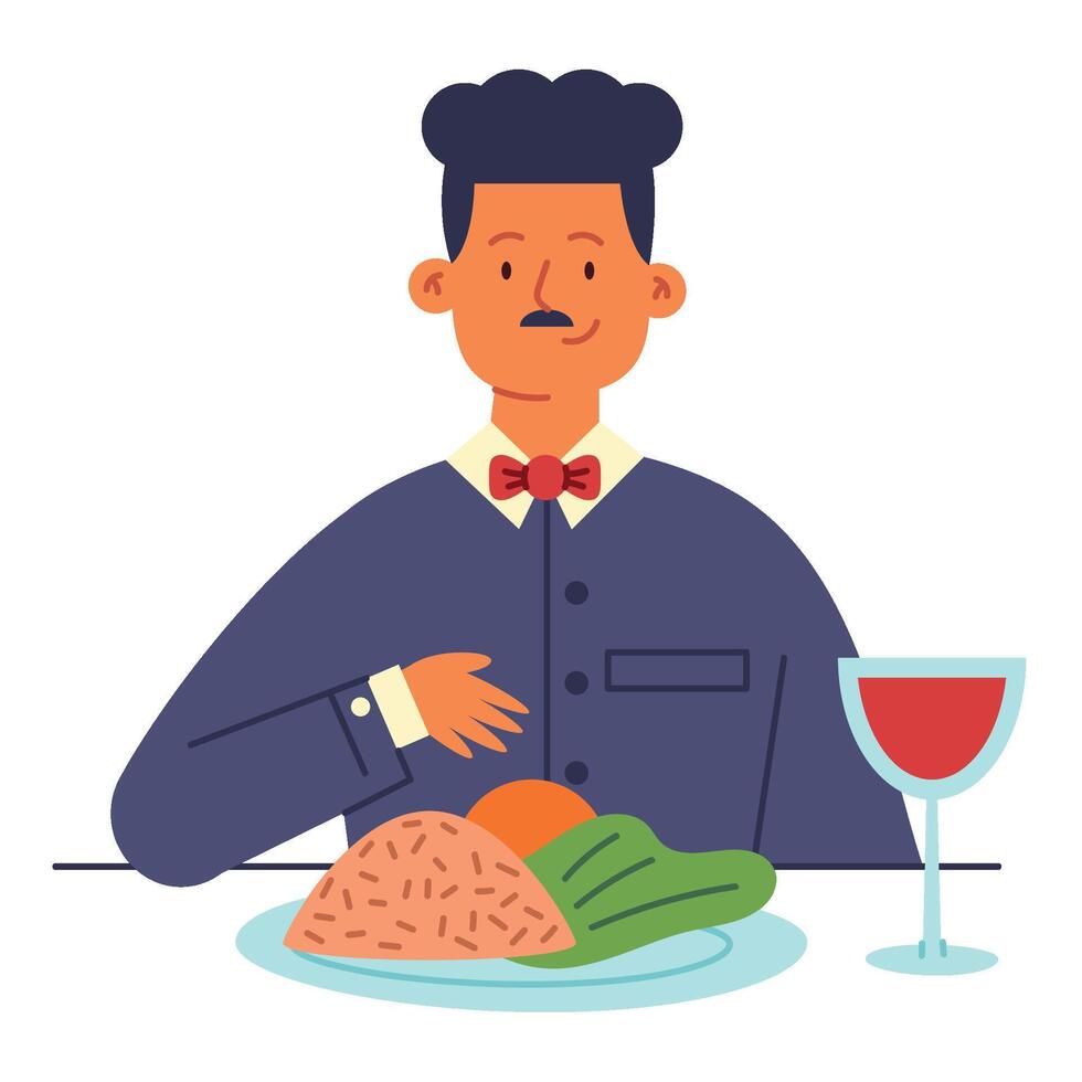 A man in a bow tie is sitting at a table with a plate of food vector