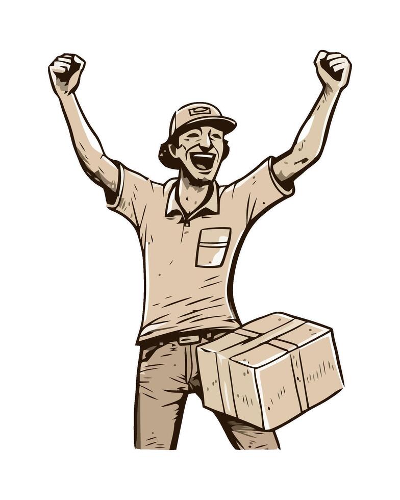 Delivery man with box in hand and fist raised vector