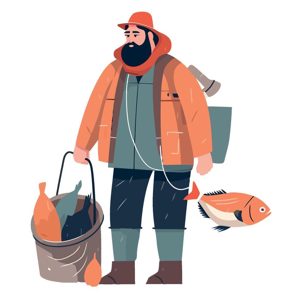 A man with a fishing rod and bucket of fish vector