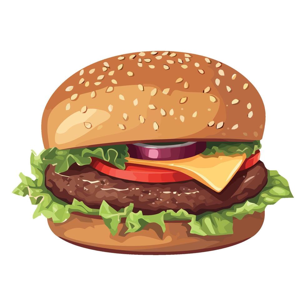 A hamburger with cheese, lettuce and onions vector