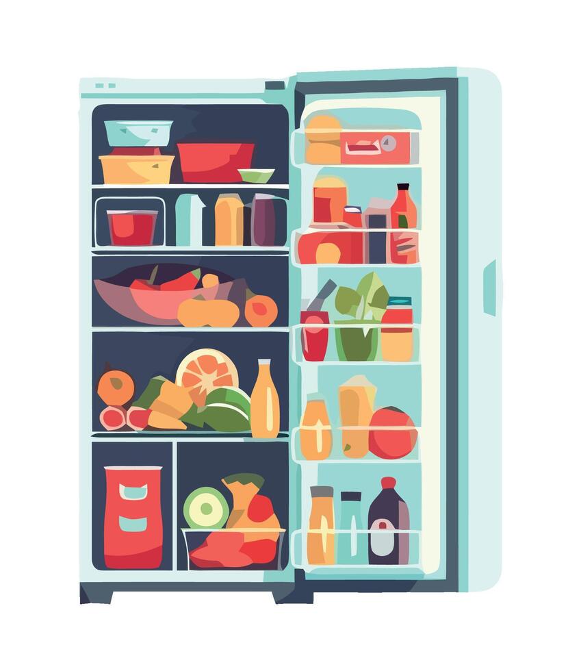 An open refrigerator with food inside vector