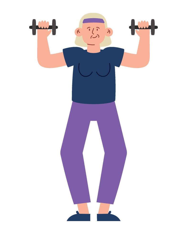 An elderly woman is doing a workout with dumbbells vector