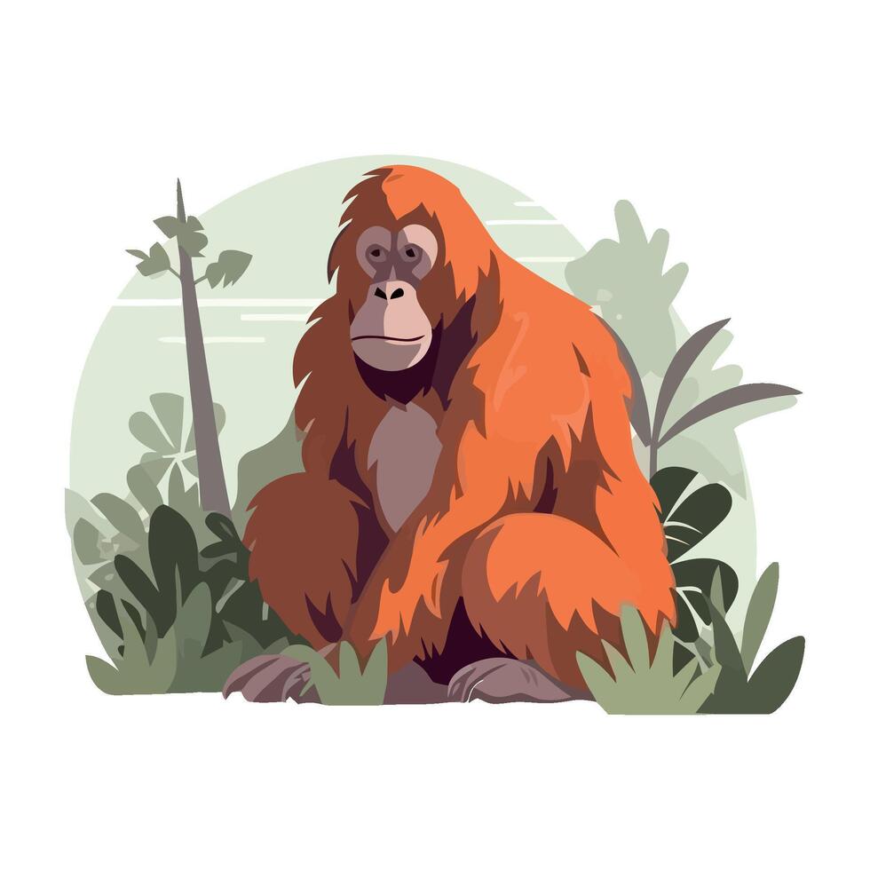 An illustration of an orangutan sitting in the jungle vector