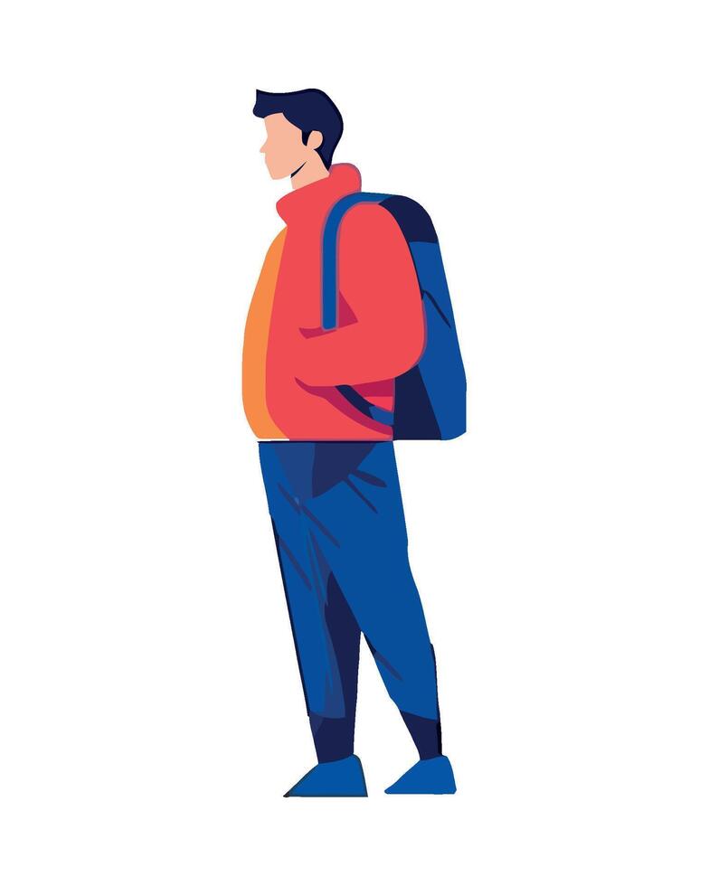 A man with a backpack is standing in front of a white background vector
