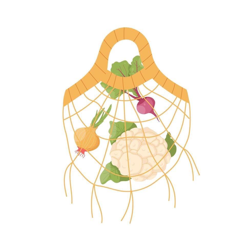 Knitted bag with vegetables. Healthy food. Beetroot, onion, cabbage vector