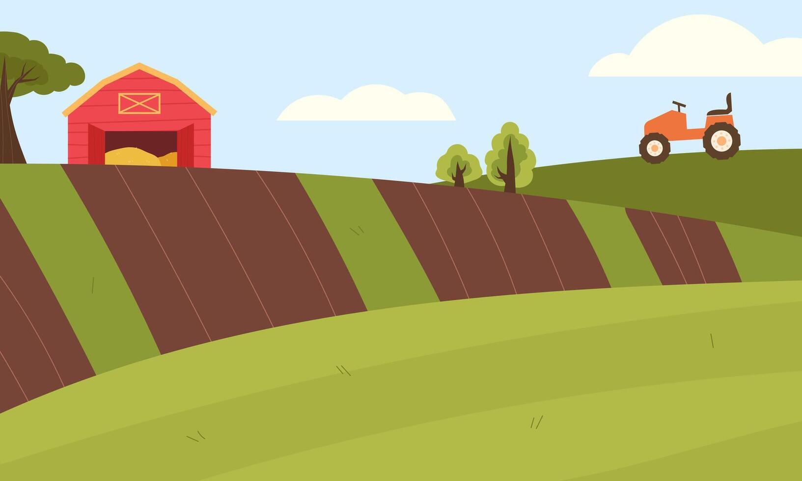 farm landscape. Rural landscape with a farm, field, tractor, trees vector
