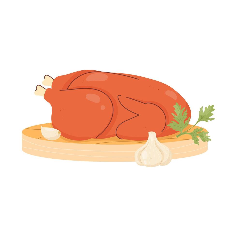 Baked turkey on a chopping board with garlic and parsley. Thanksgiving dish vector