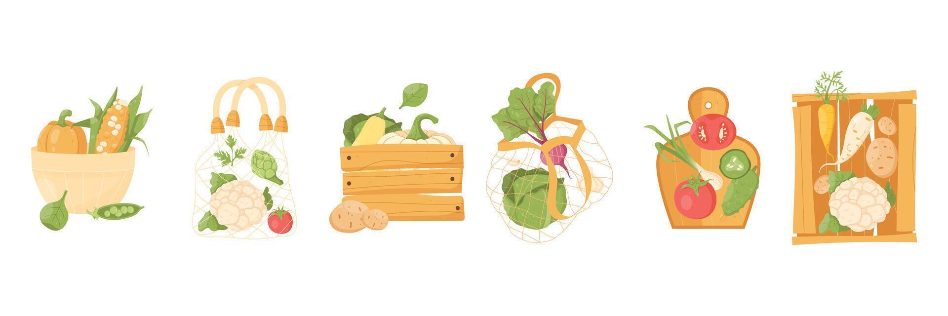 Seasonal vegetables in carob bags, boxes. Healthy food. A set of illustrations vector