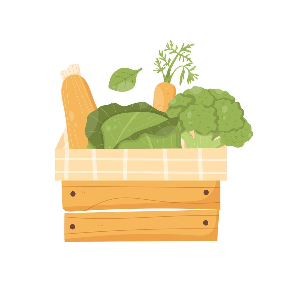 Wooden basket with vegetables. Healthy food. Zucchini, cabbage, carrots, broccoli vector