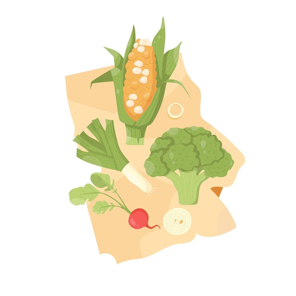 The vegetables are on craft paper. Corn, broccoli, celery, radishes, onions vector