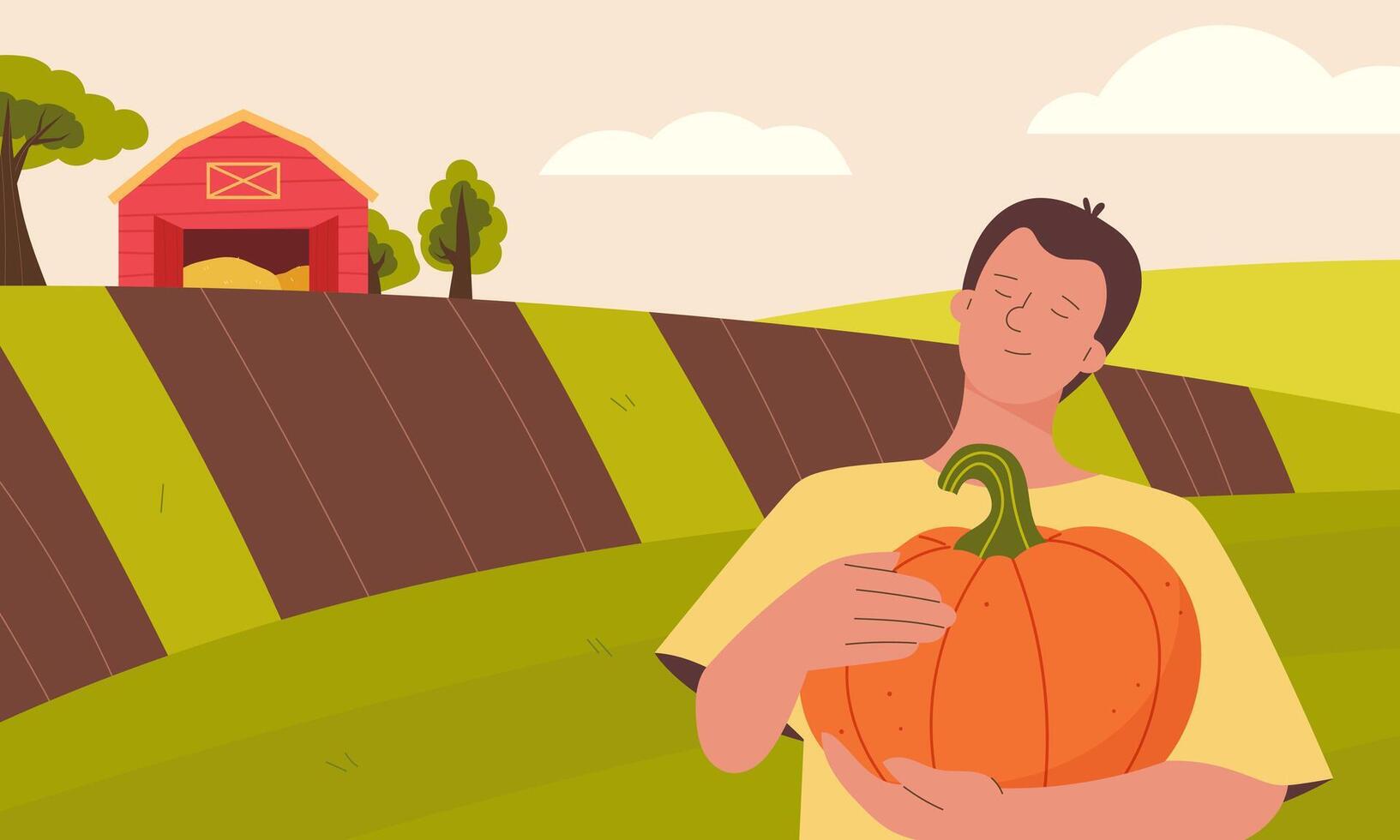 harvest people. young man with a pumpkin in his hands stands in a field against the background of a farm vector