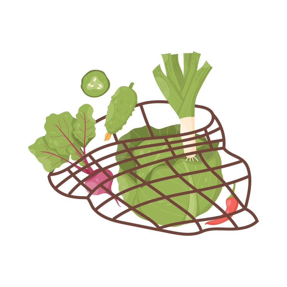 String bag with celery, cabbage, beetroot, pepper, cucumber. Reusable bag with vegetables vector