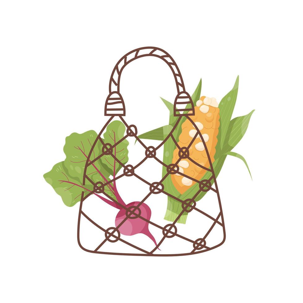 String bag with corn, beetroot. Eco-friendly consumption. Reusable grocery bag vector